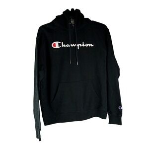 Champion Hoodie Mens Medium Black Sweatshirt Pocket Pullover Embroidered GF89H